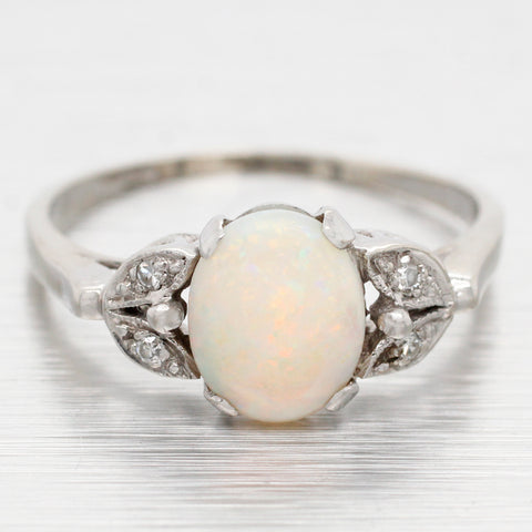 Antique Art Deco White Opal and Diamond Ring in 14k White Gold | Size 8.5