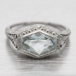 Antique Art Deco Aquamarine Hexagon Band Ring - 18k White Gold Floral Motif