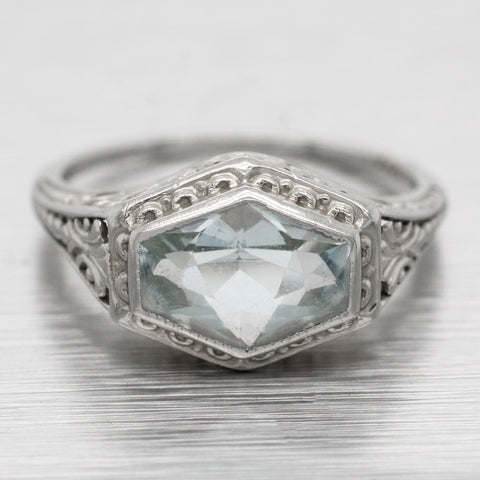 Antique Art Deco Aquamarine Hexagon Band Ring - 18k White Gold Floral Motif