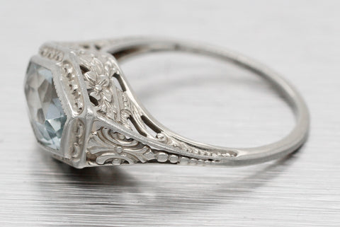 Antique Art Deco Aquamarine Hexagon Band Ring - 18k White Gold Floral Motif