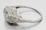 Antique Art Deco Aquamarine Hexagon Band Ring - 18k White Gold Floral Motif