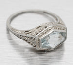 Antique Art Deco Aquamarine Hexagon Band Ring - 18k White Gold Floral Motif