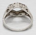 Antique Art Deco Aquamarine Hexagon Band Ring - 18k White Gold Floral Motif