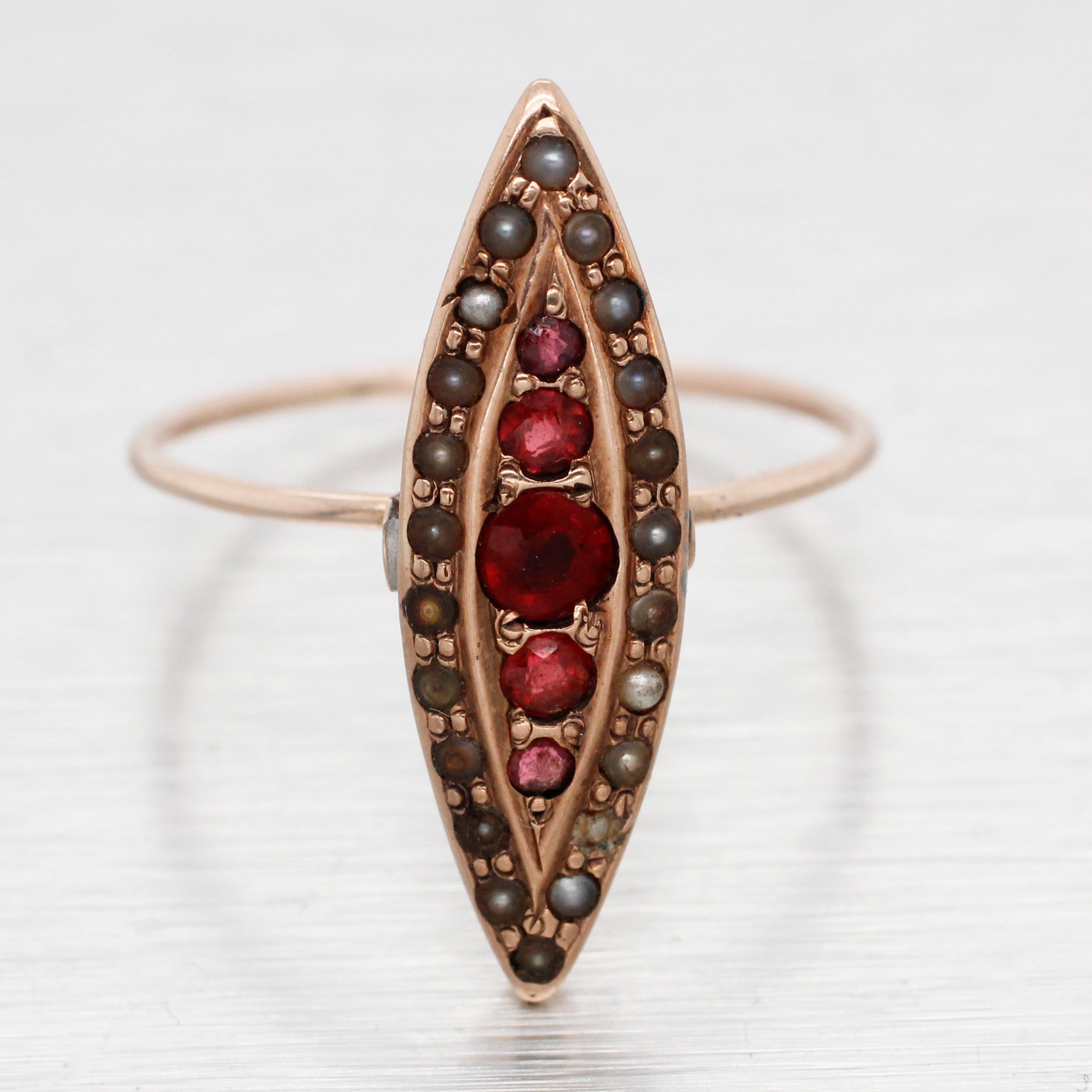 Antique Art Nouveau Garnet & Pearl Marquise Cocktail Ring - 14k Rose Gold
