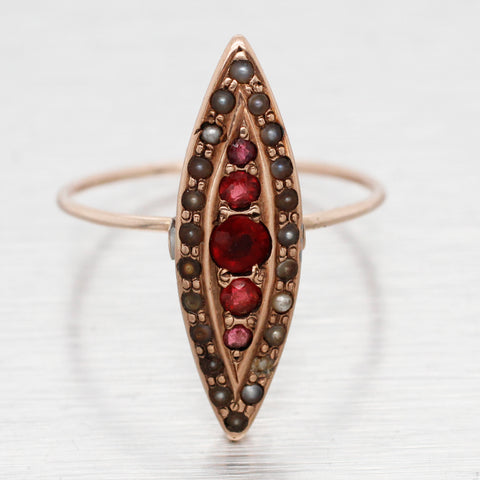 Antique Art Nouveau Garnet & Pearl Marquise Cocktail Ring - 14k Rose Gold