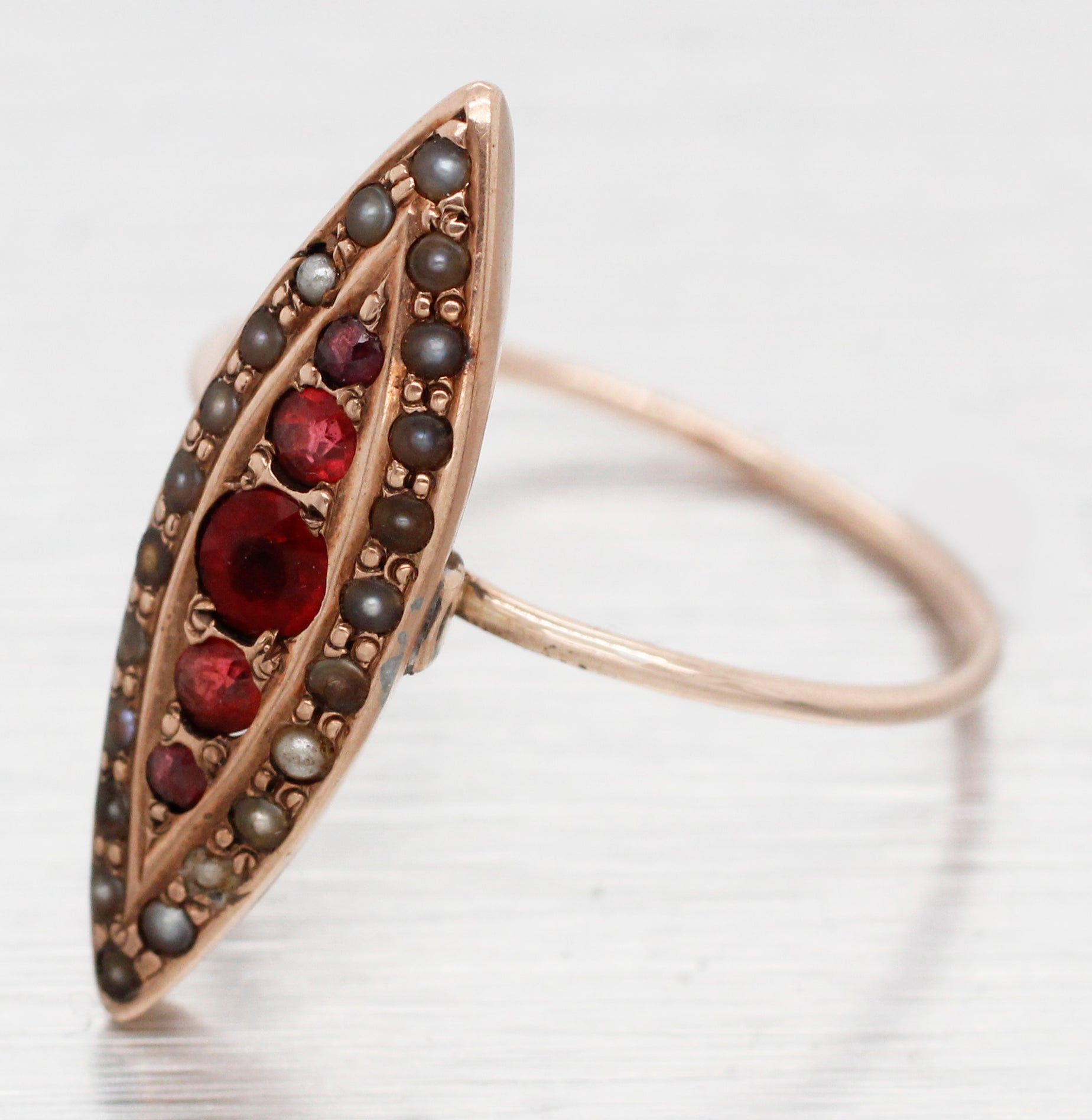 Antique Art Nouveau Garnet & Pearl Marquise Cocktail Ring - 14k Rose Gold
