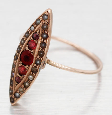 Antique Art Nouveau Garnet & Pearl Marquise Cocktail Ring - 14k Rose Gold