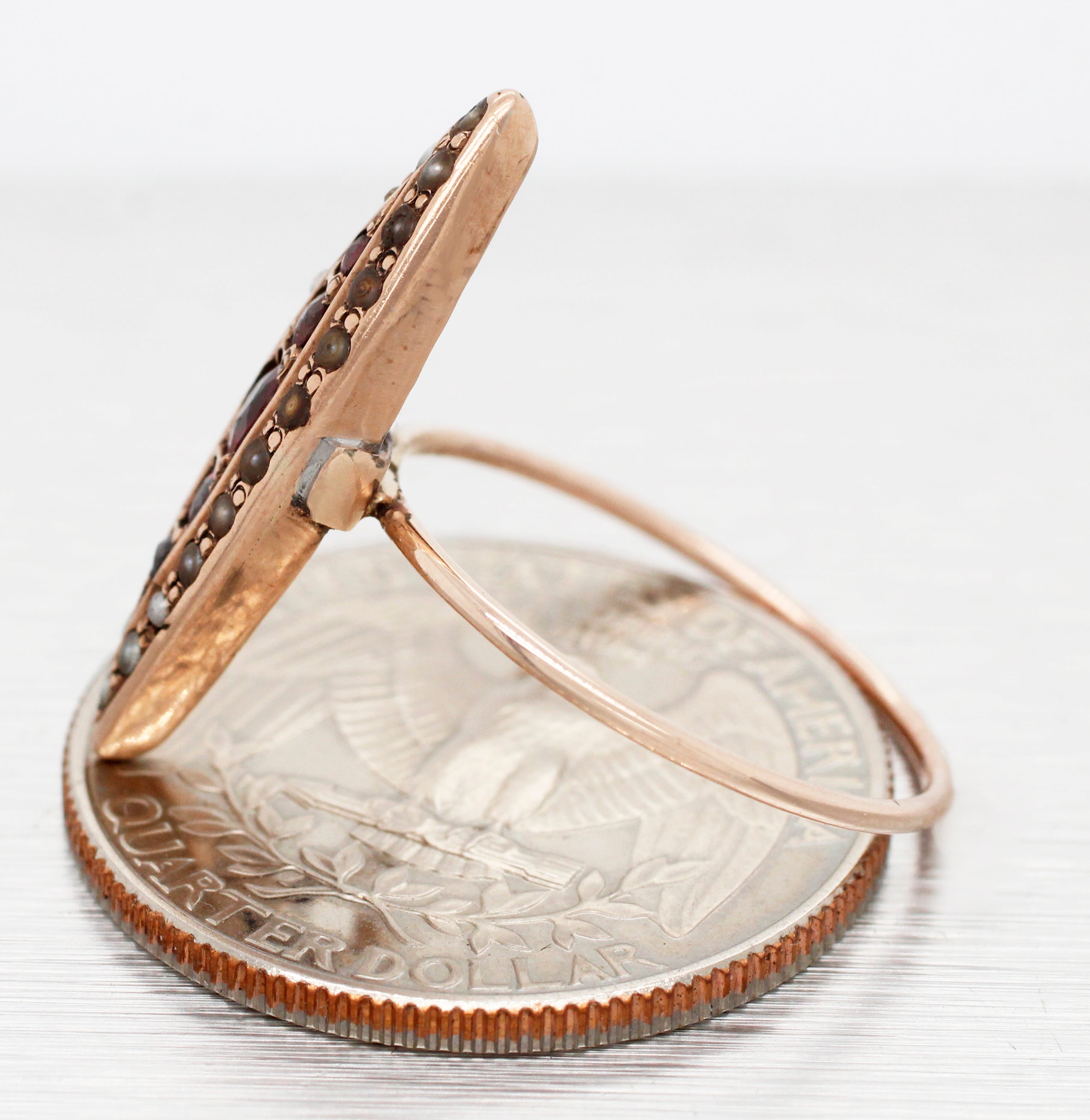 Antique Art Nouveau Garnet & Pearl Marquise Cocktail Ring - 14k Rose Gold