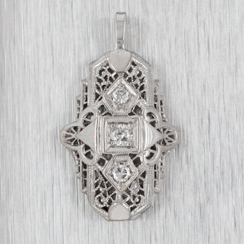 Antique Art Deco 0.20ctw Diamond Filigree Charm Pendant - 14k White Gold