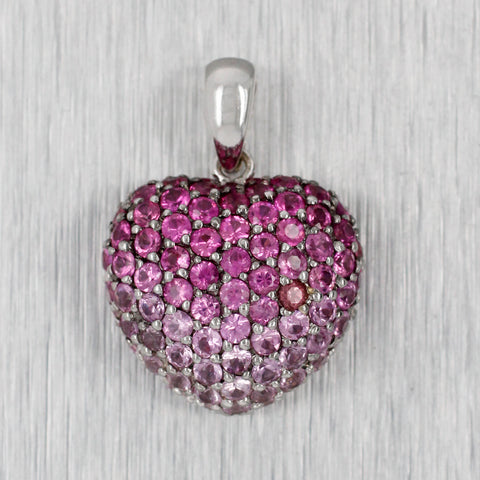 Vintage Pink Ruby Heart Charm Cluster Pendant - 14k White Gold