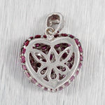 Vintage Pink Ruby Heart Charm Cluster Pendant - 14k White Gold