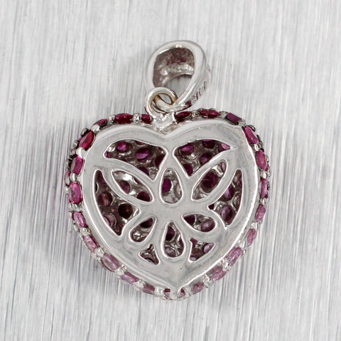 Vintage Pink Ruby Heart Charm Cluster Pendant - 14k White Gold