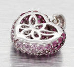Vintage Pink Ruby Heart Charm Cluster Pendant - 14k White Gold