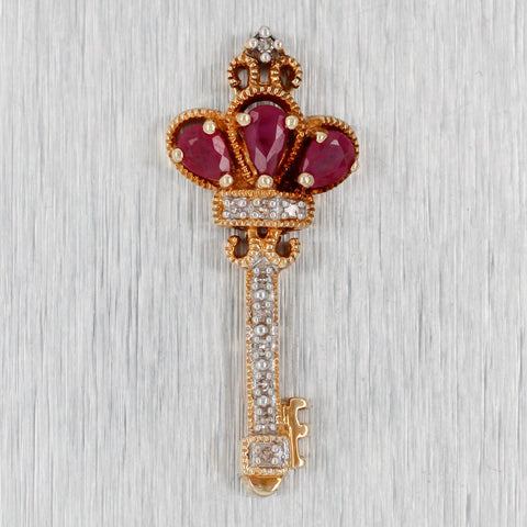 Vintage Red Ruby Crown & Diamond Key Pendant Charm - 14k Yellow Gold