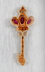 Vintage Red Ruby Crown & Diamond Key Pendant Charm - 14k Yellow Gold