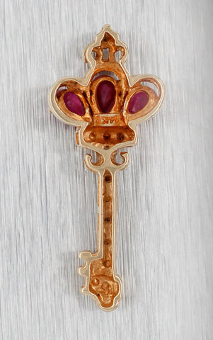 Vintage Red Ruby Crown & Diamond Key Pendant Charm - 14k Yellow Gold
