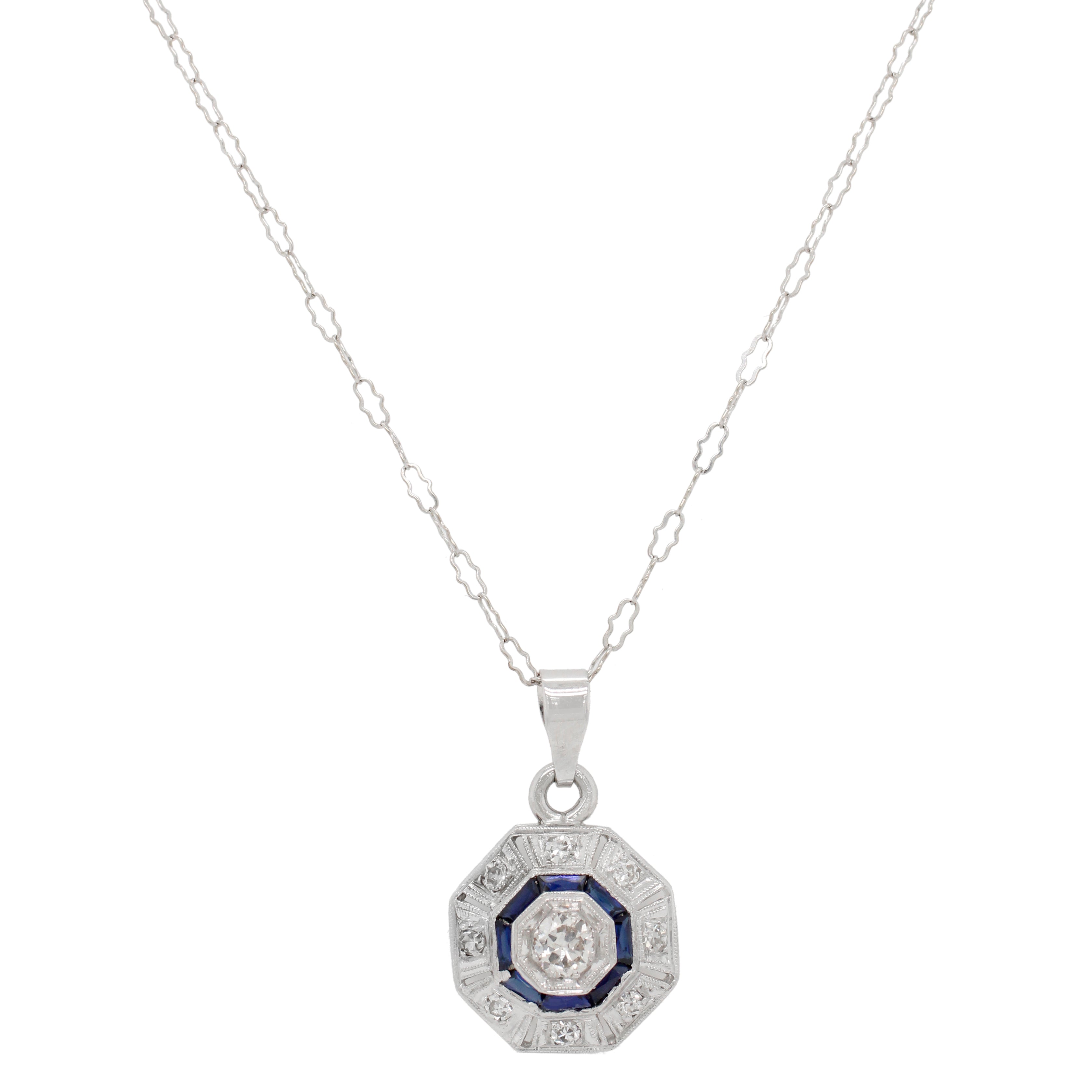Antique Art Deco Diamond Sapphire Octagon Pendant - 14k White Gold Necklace - 16"