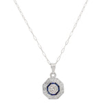 Antique Art Deco Diamond Sapphire Octagon Pendant - 14k White Gold Necklace - 16"