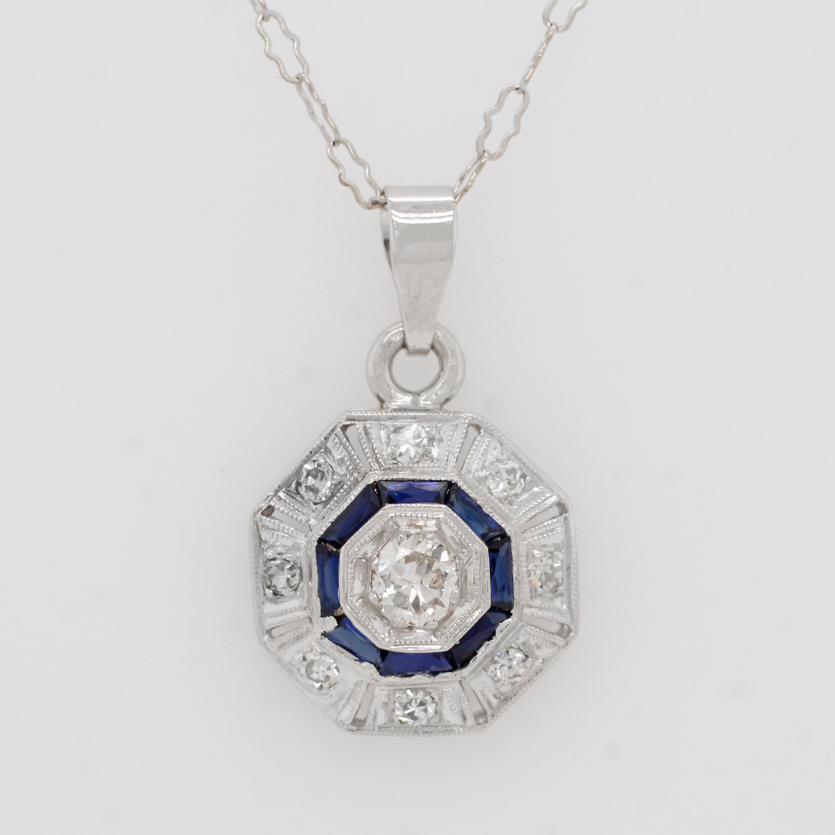 Antique Art Deco Diamond Sapphire Octagon Pendant - 14k White Gold Necklace - 16"