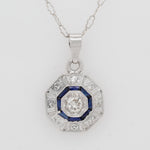 Antique Art Deco Diamond Sapphire Octagon Pendant - 14k White Gold Necklace - 16"