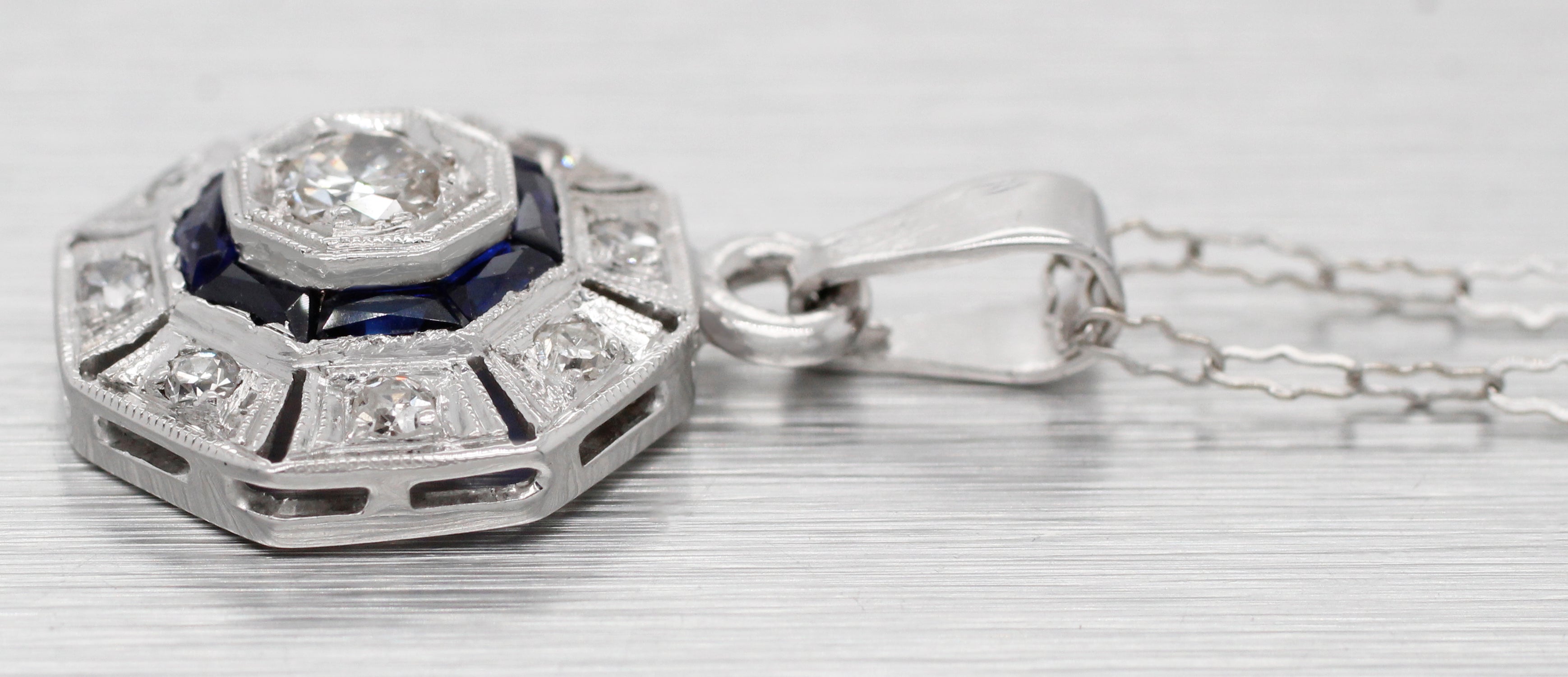 Antique Art Deco Diamond Sapphire Octagon Pendant - 14k White Gold Necklace - 16"