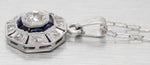 Antique Art Deco Diamond Sapphire Octagon Pendant - 14k White Gold Necklace - 16"