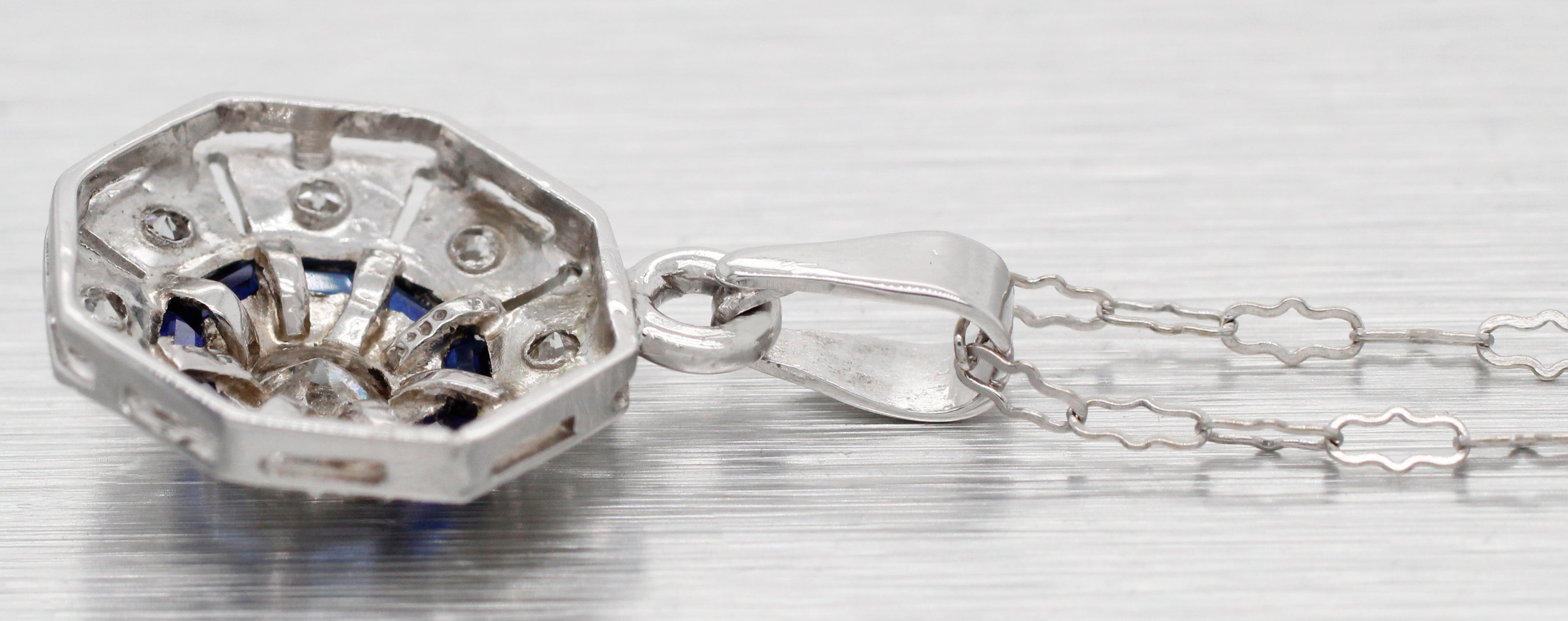 Antique Art Deco Diamond Sapphire Octagon Pendant - 14k White Gold Necklace - 16"