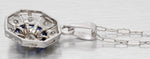 Antique Art Deco Diamond Sapphire Octagon Pendant - 14k White Gold Necklace - 16"