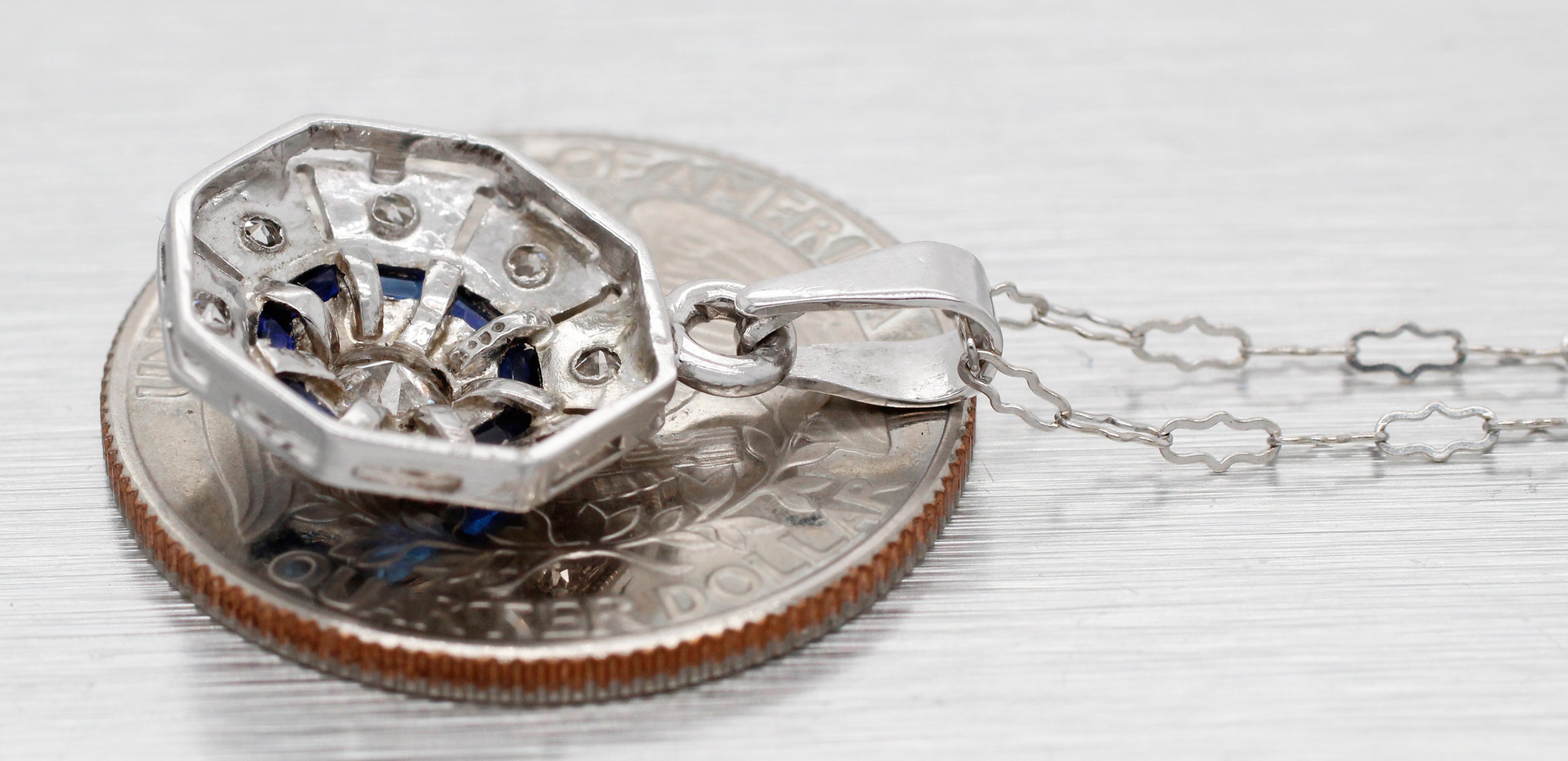 Antique Art Deco Diamond Sapphire Octagon Pendant - 14k White Gold Necklace - 16"