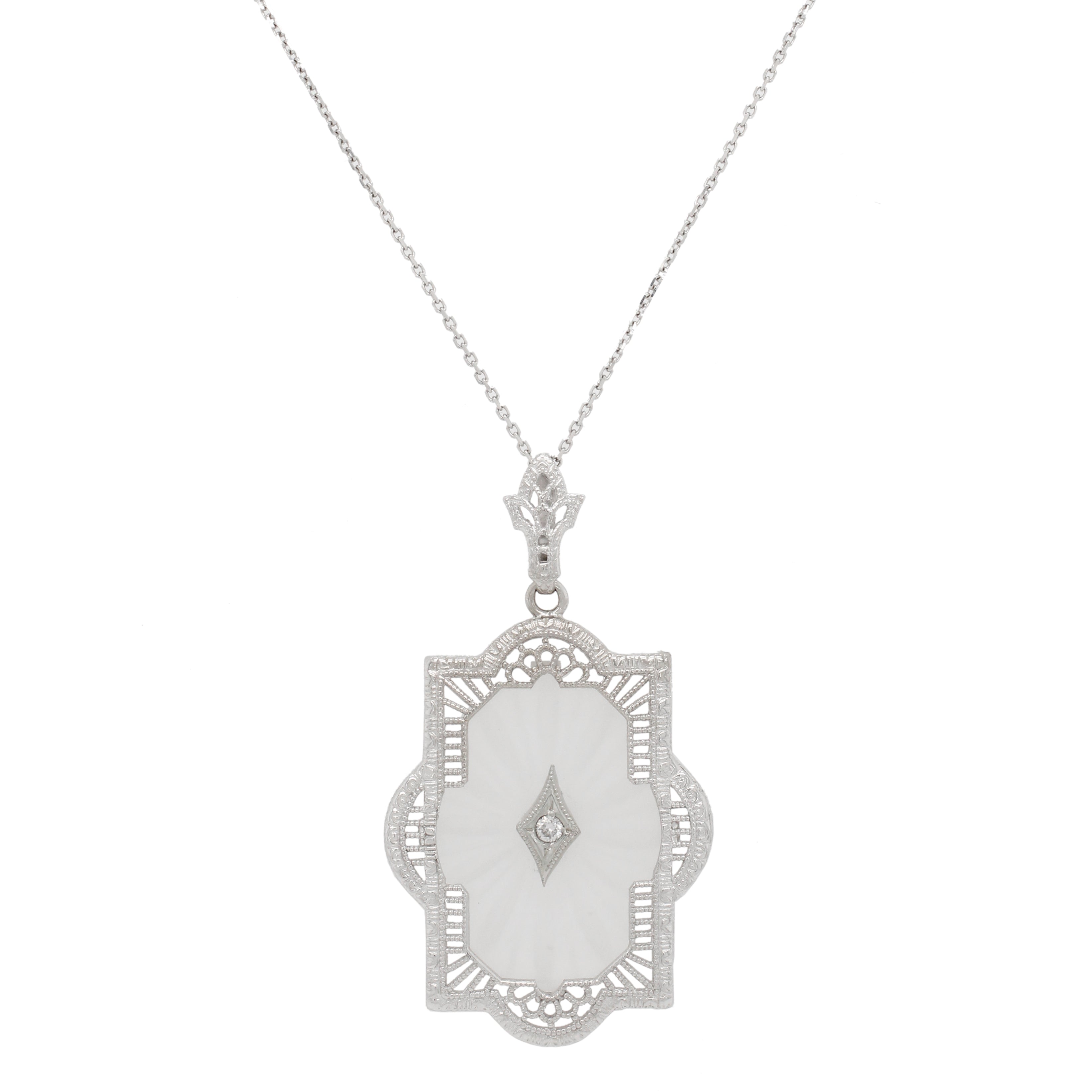 Antique Art Deco Diamond & Rock Crystal Pendant - 14k White Gold Necklace - 17"