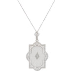 Antique Art Deco Diamond & Rock Crystal Pendant - 14k White Gold Necklace - 17"