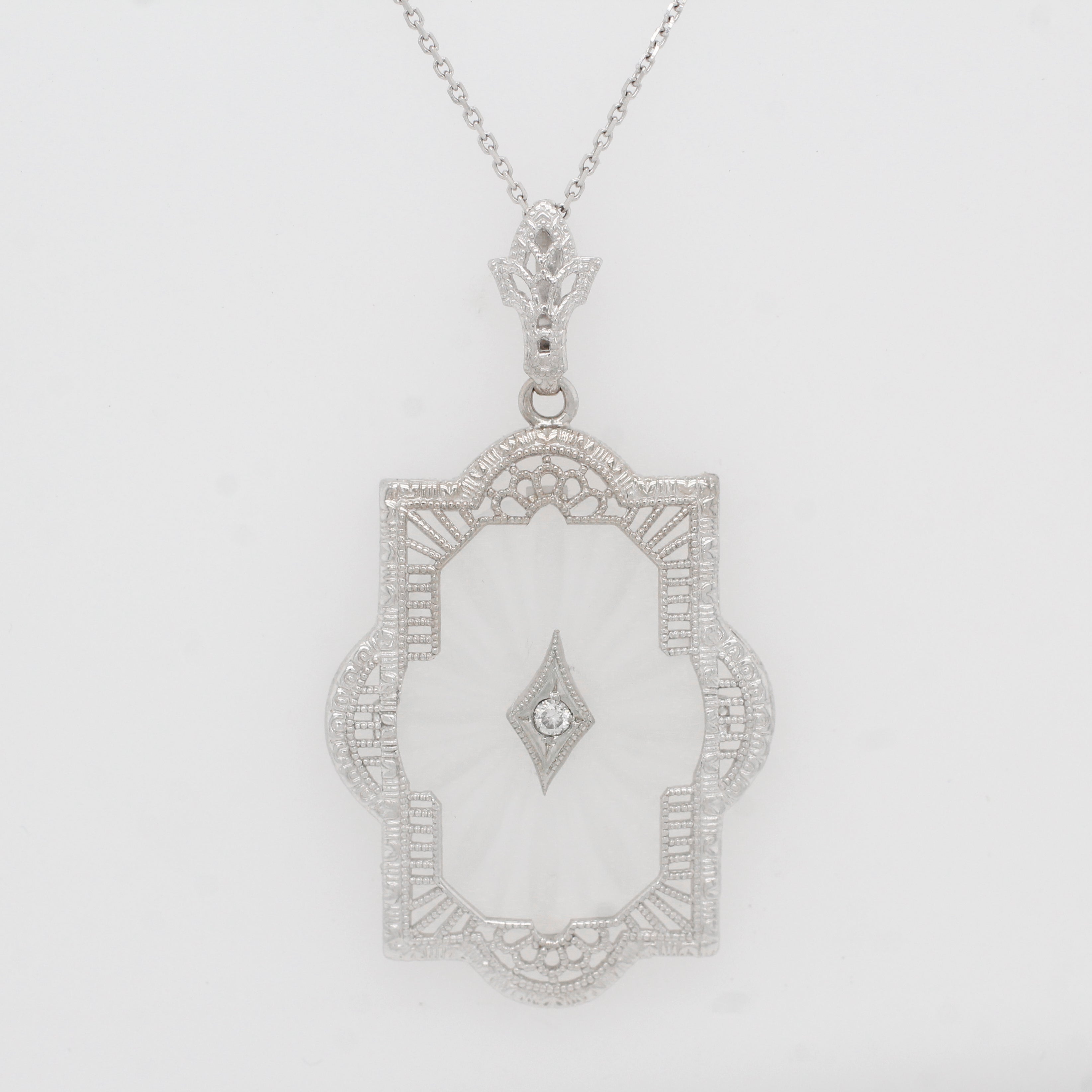 Antique Art Deco Diamond & Rock Crystal Pendant - 14k White Gold Necklace - 17"