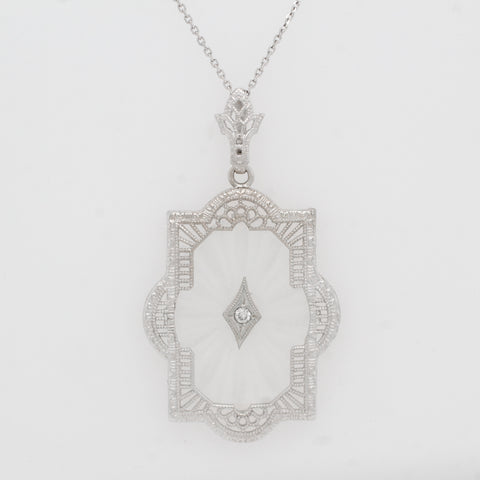 Antique Art Deco Diamond & Rock Crystal Pendant - 14k White Gold Necklace - 17"