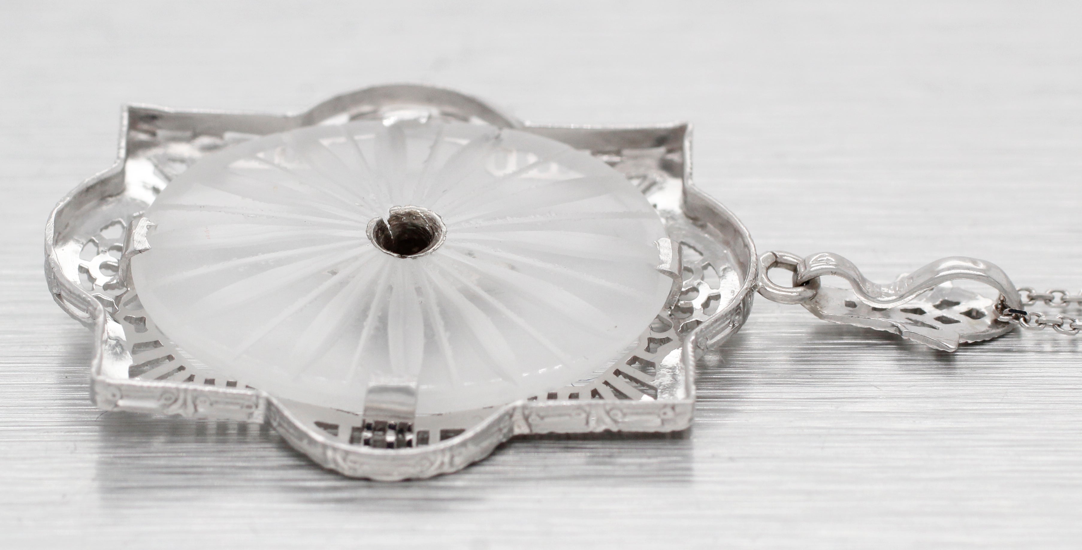 Antique Art Deco Diamond & Rock Crystal Pendant - 14k White Gold Necklace - 17"