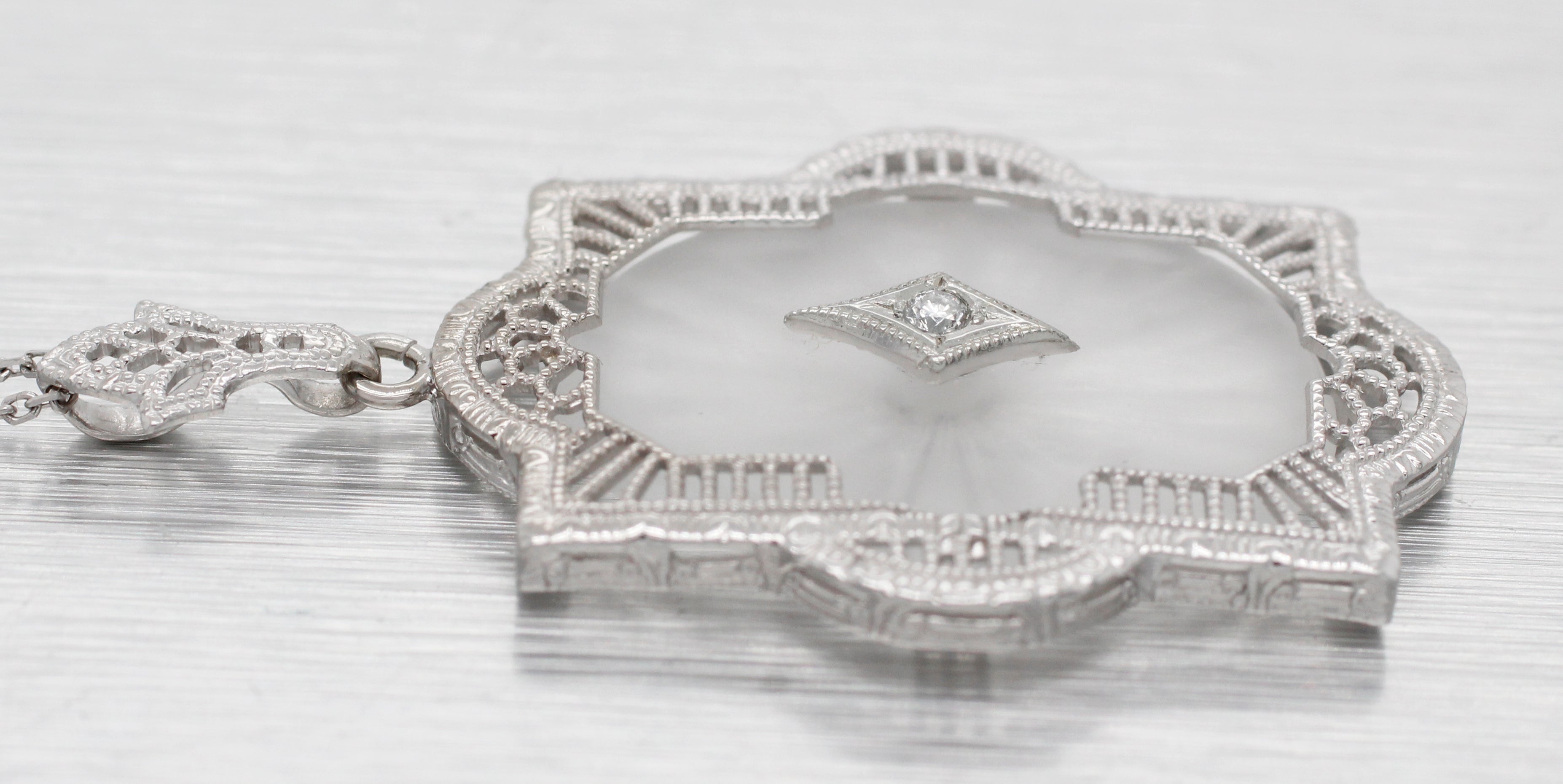 Antique Art Deco Diamond & Rock Crystal Pendant - 14k White Gold Necklace - 17"