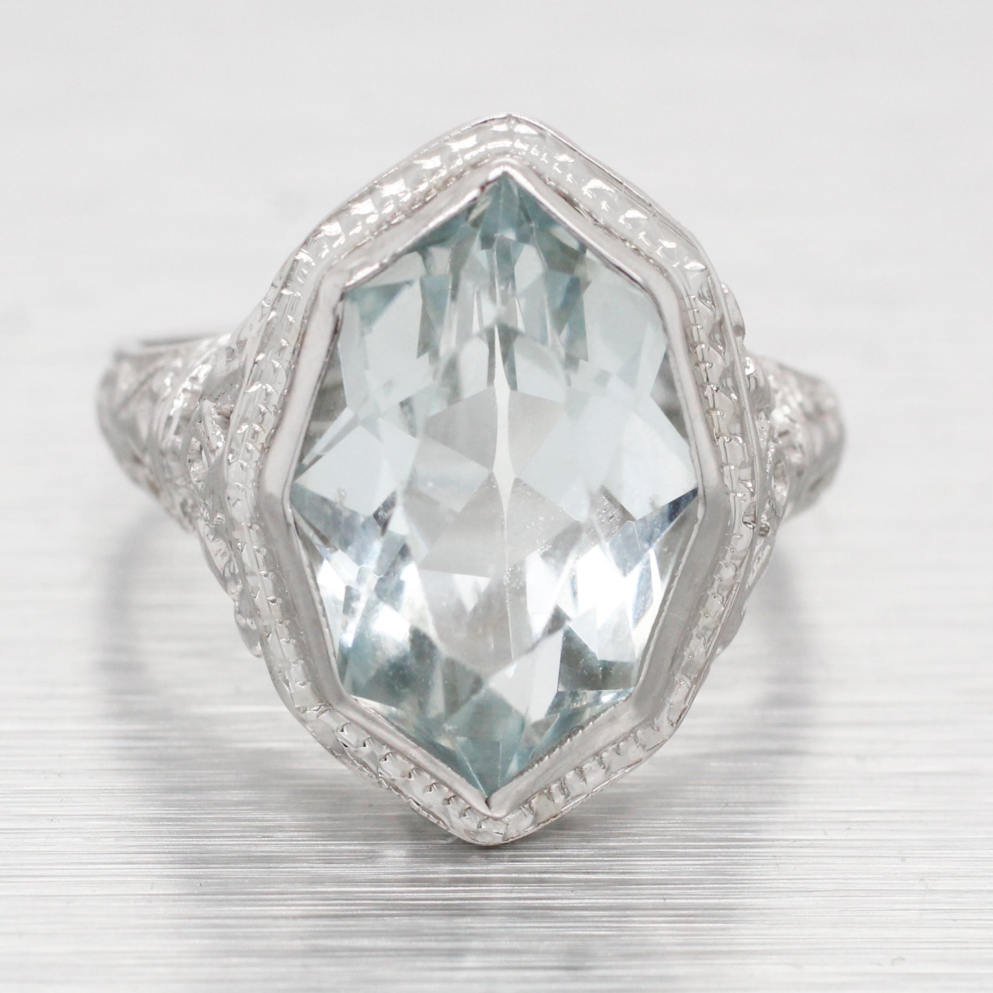 Antique Art Deco Pointed Marquise Aquamarine Cocktail Ring - 14k White Gold
