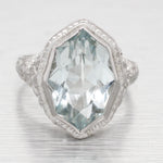 Antique Art Deco Pointed Marquise Aquamarine Cocktail Ring - 14k White Gold
