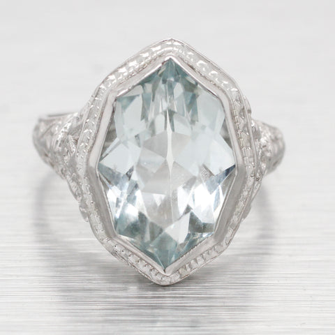 Antique Art Deco Pointed Marquise Aquamarine Cocktail Ring - 14k White Gold