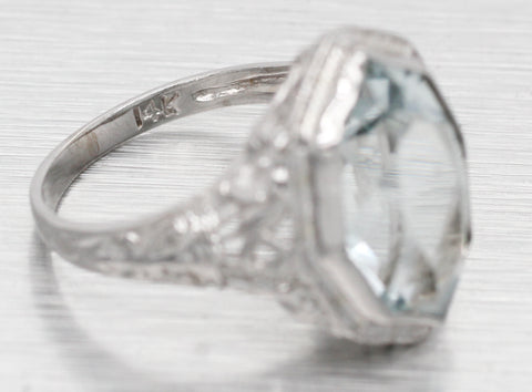 Antique Art Deco Pointed Marquise Aquamarine Cocktail Ring - 14k White Gold