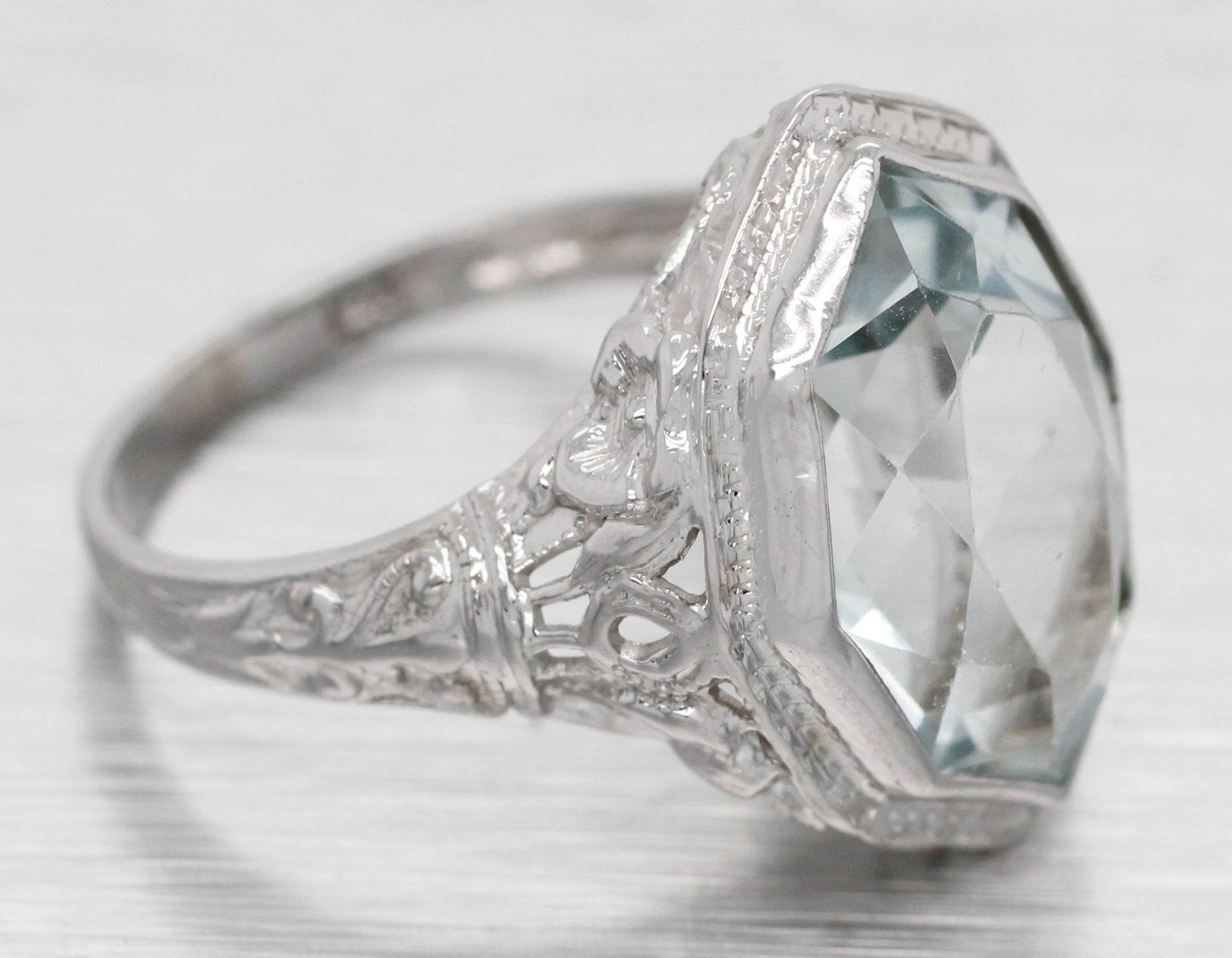Antique Art Deco Pointed Marquise Aquamarine Cocktail Ring - 14k White Gold