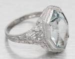 Antique Art Deco Pointed Marquise Aquamarine Cocktail Ring - 14k White Gold