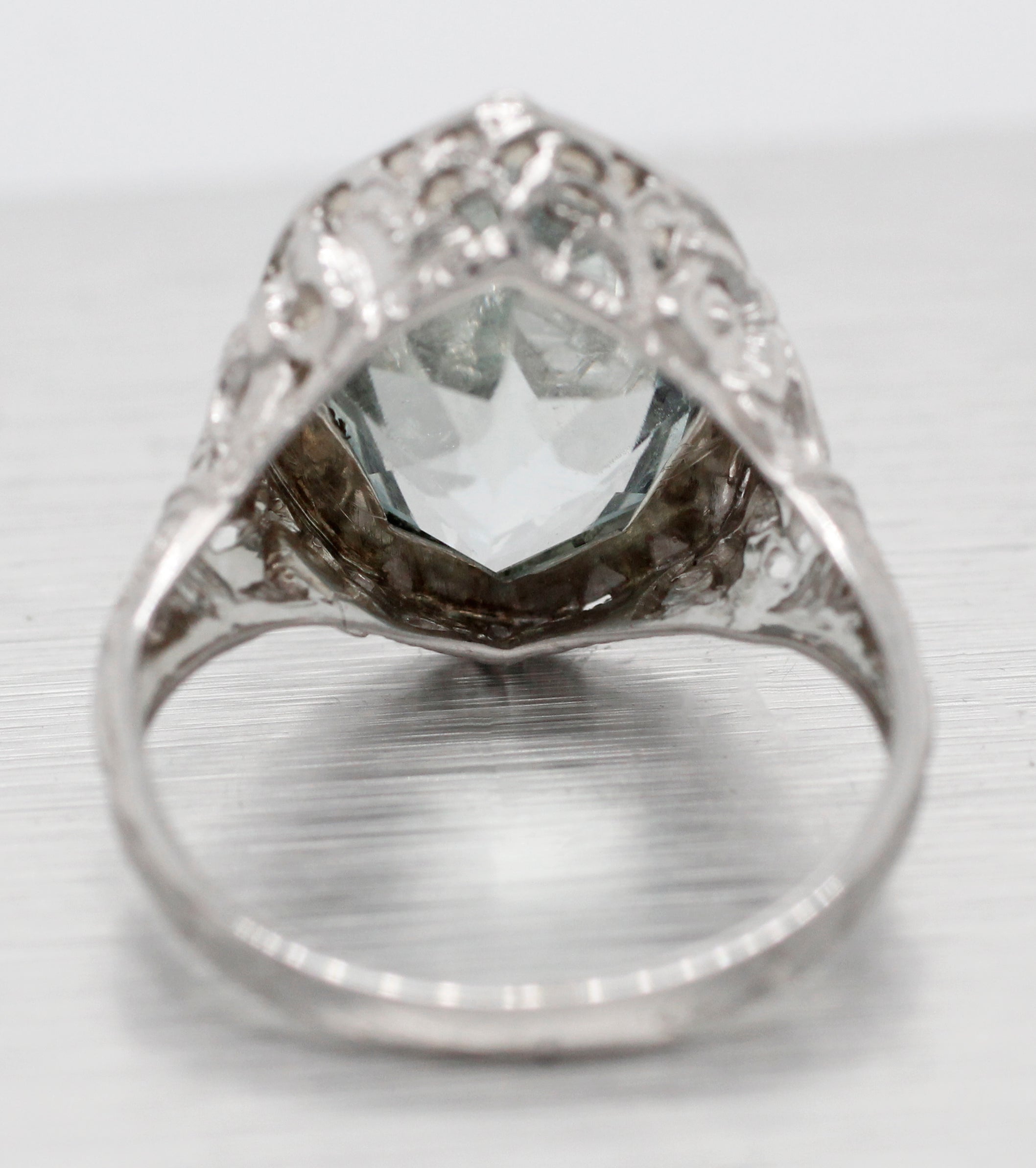 Antique Art Deco Pointed Marquise Aquamarine Cocktail Ring - 14k White Gold