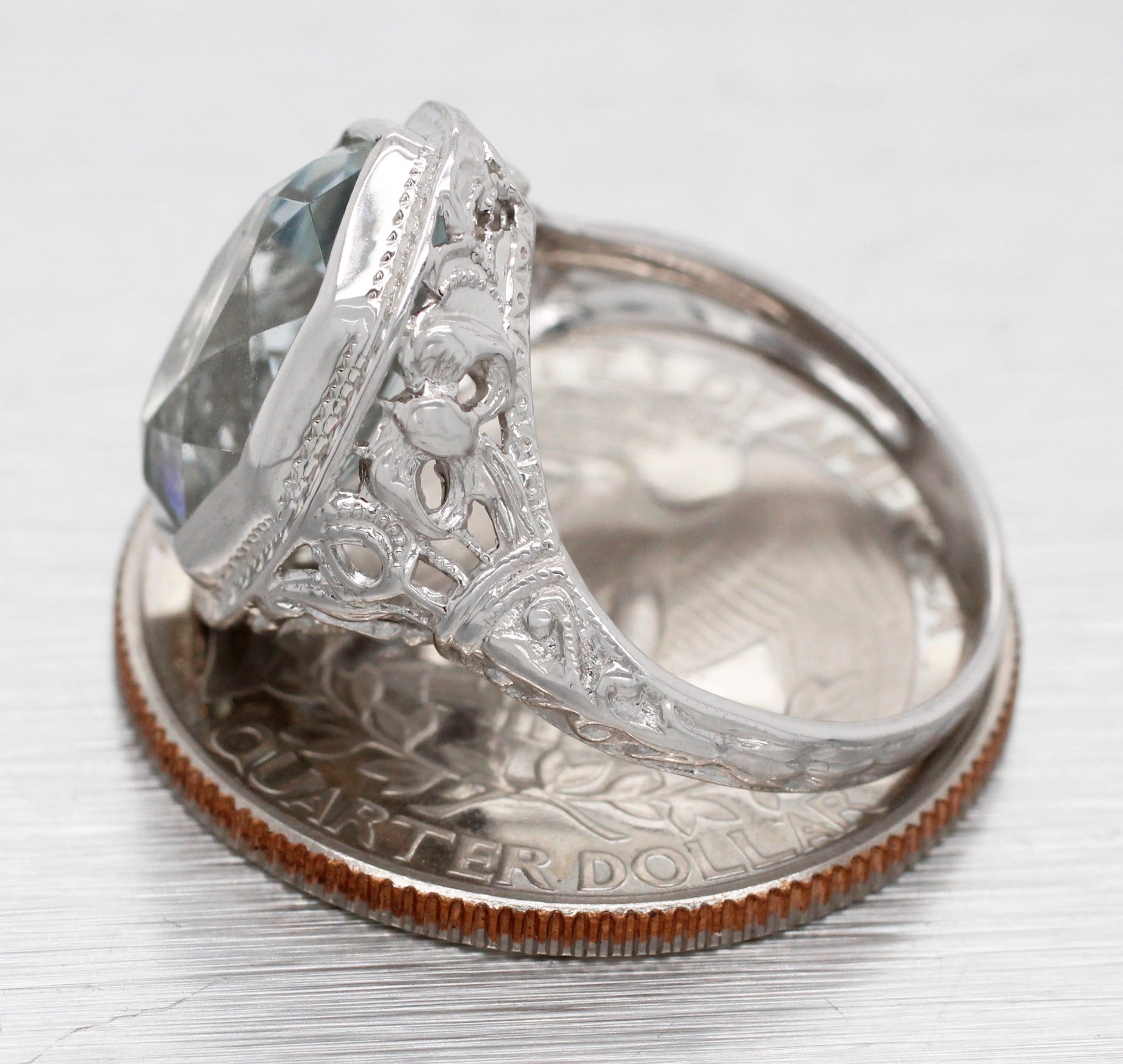 Antique Art Deco Pointed Marquise Aquamarine Cocktail Ring - 14k White Gold