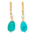 Vintage Turquoise Drop Dangle Earrings w/ Pearl Accents - 14k Yellow Gold