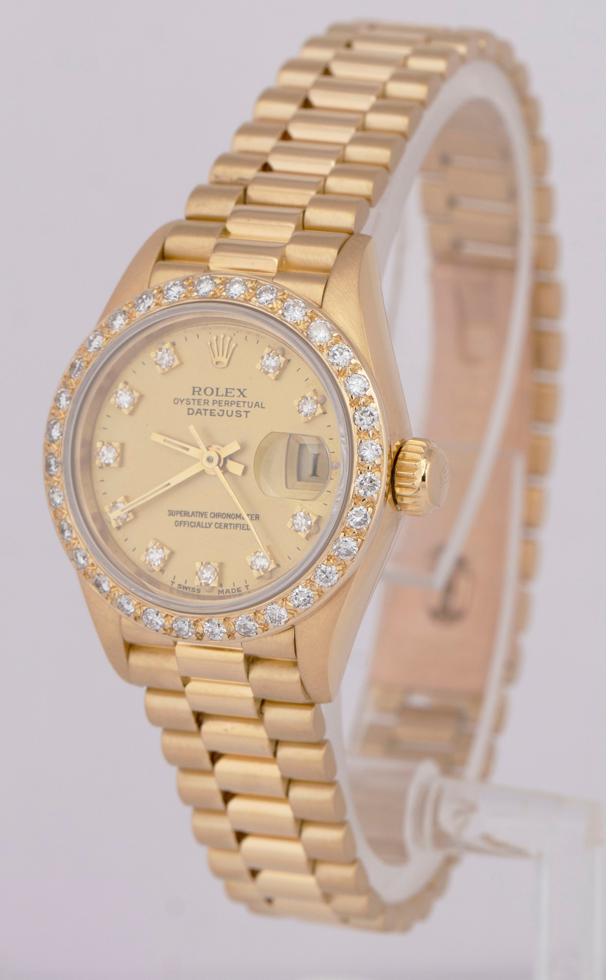 Ladies Rolex DateJust President 26mm CHAMPAGNE DIAMOND 18K Gold 69178 Watch