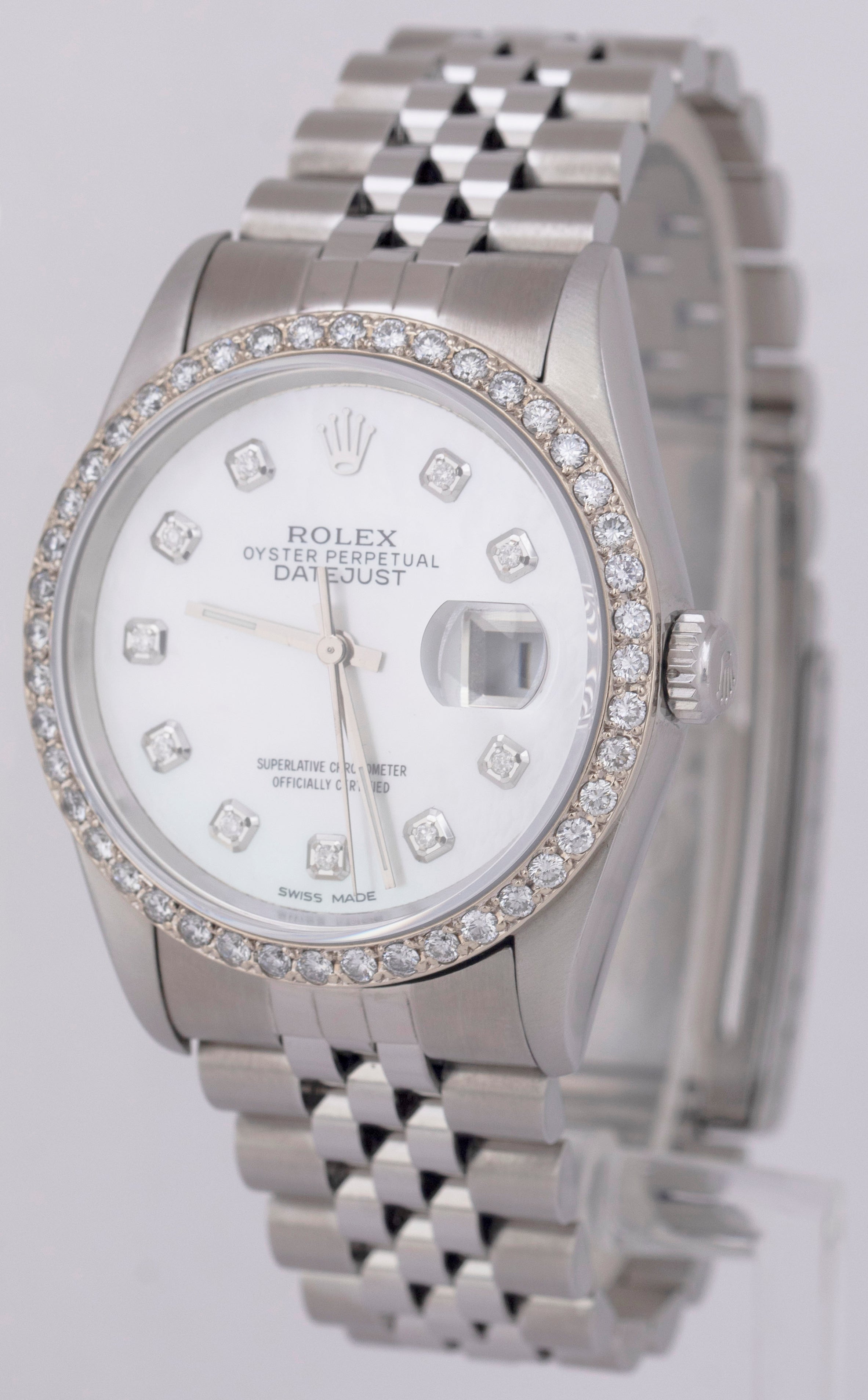 MINT Rolex DateJust MOP DIAMOND Bezel 36mm NO-HOLES Jubilee Steel Watch 16220