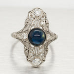 Antique Art Deco Cabochon Sapphire Cocktail Ring - 18k White Gold & Diamonds