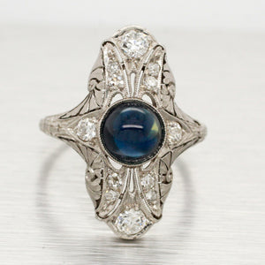 Antique Art Deco Cabochon Sapphire Cocktail Ring - 18k White Gold & Diamonds