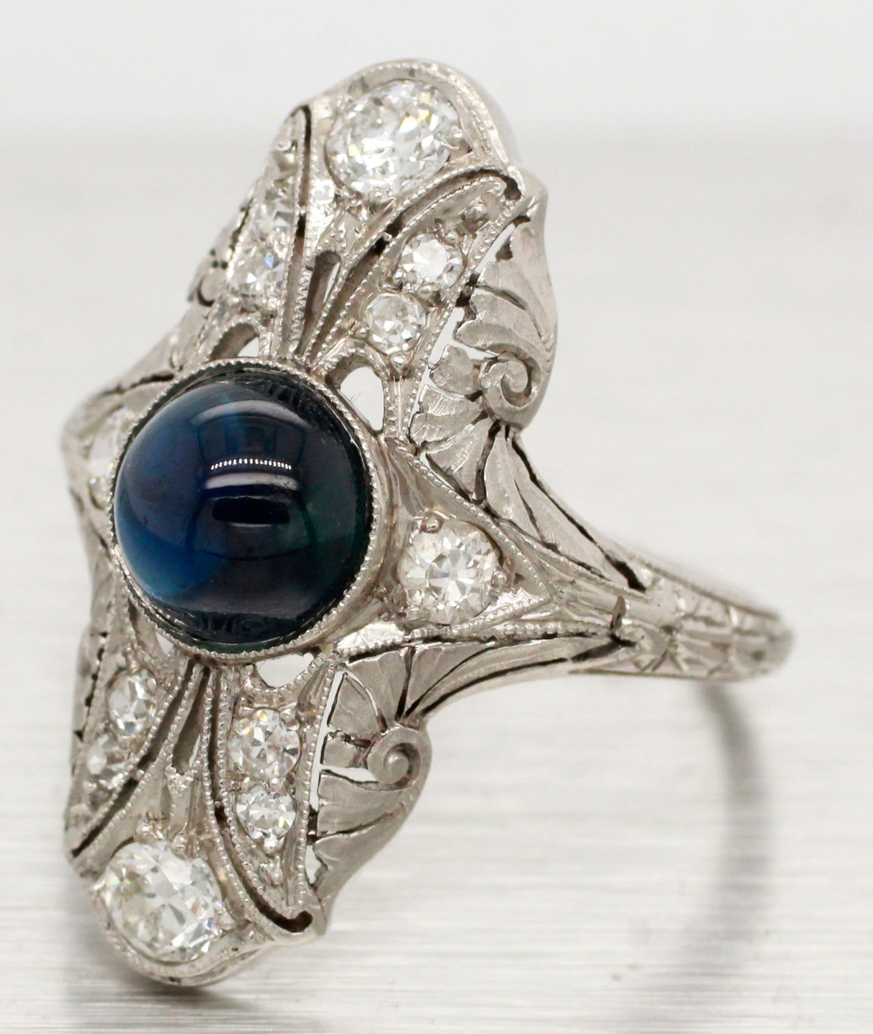 Antique Art Deco Cabochon Sapphire Cocktail Ring - 18k White Gold & Diamonds