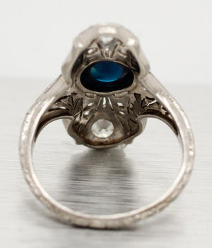 Antique Art Deco Cabochon Sapphire Cocktail Ring - 18k White Gold & Diamonds